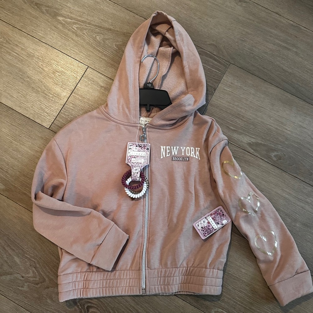Btween Girls New York Brooklyn Zip Up Hoodie with Bracelets Pink Size 10 NWT